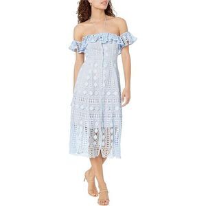 NWT En Saison Women's Midi Lace Eyelet Baby Blue Dress Summer Off Shoulder XS